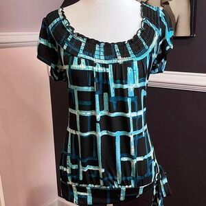 y2k black and teal geometric print ruffle top medium
